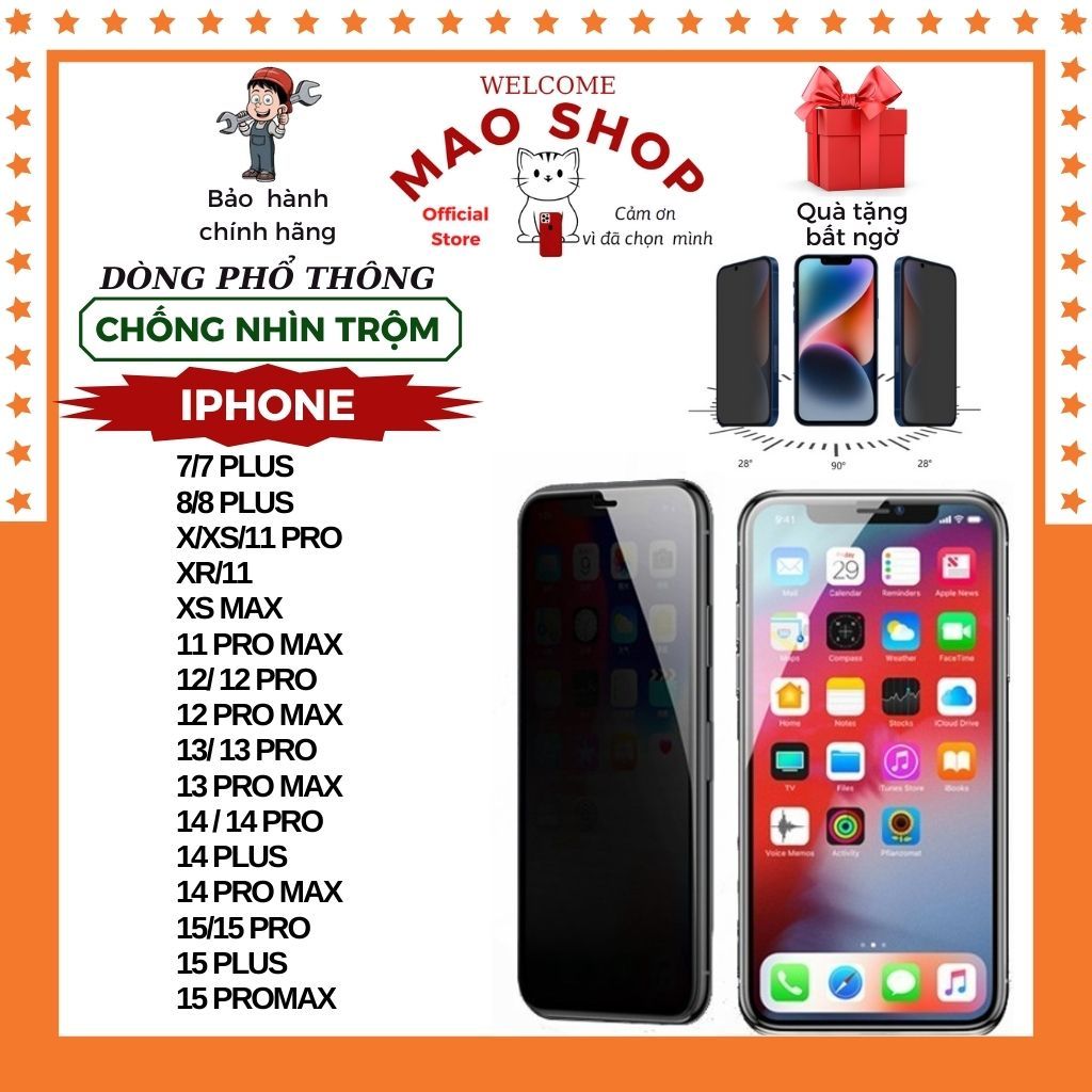 Kính cường lực iphone chống nhìn trộm iphone 11 pro max 12 13 14 15 Pro Promax Plus x xr xs max 7 8 plus Full Màn