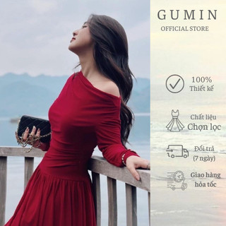 Đầm maxi lệch vai đỏ GUMIN dáng xòe dài thanh lịch trẻ trung sang trọng
