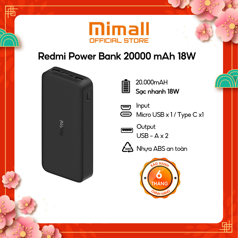 Pin Sạc Dự Phòng Xiaomi Redmi Power Bank 20000 mAh 18W | Hàng chính hãng | BH 6 tháng