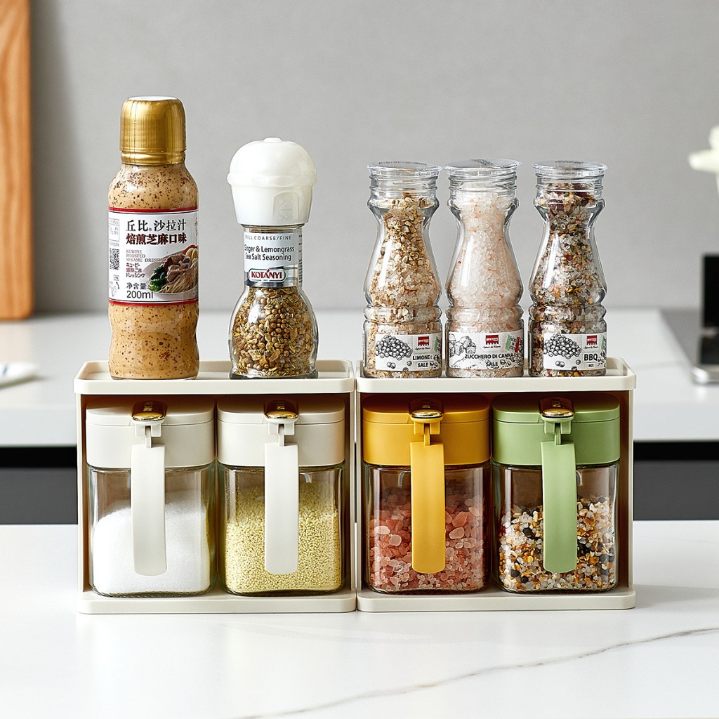 [THỦY TINH] Set Hũ, Lọ Đựng Gia Vị 3 Màu Bằng Thủy Tinh Kèm Khung Kim Loại Mạ Vàng Sang Trọng