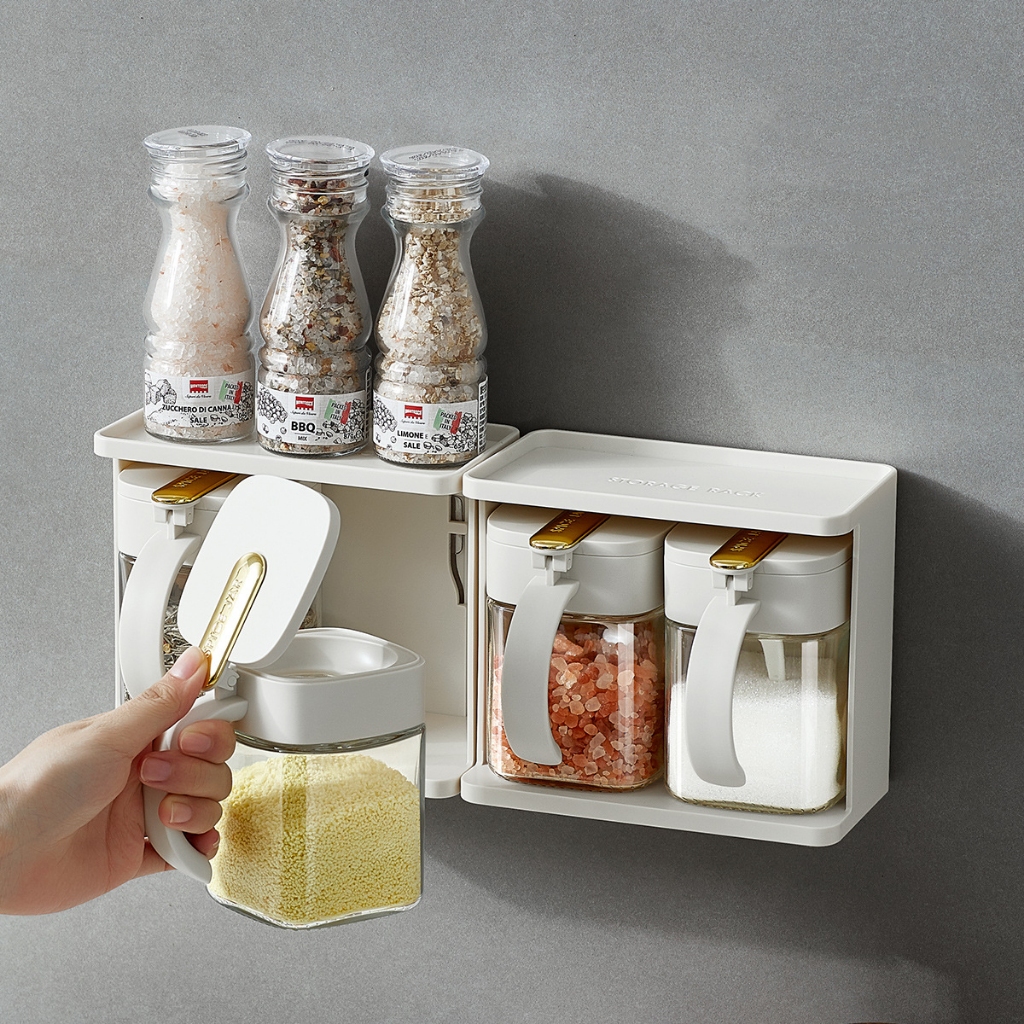 [THỦY TINH] Set Hũ, Lọ Đựng Gia Vị 3 Màu Bằng Thủy Tinh Kèm Khung Kim Loại Mạ Vàng Sang Trọng