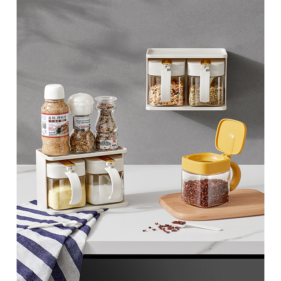 [THỦY TINH] Set Hũ, Lọ Đựng Gia Vị 3 Màu Bằng Thủy Tinh Kèm Khung Kim Loại Mạ Vàng Sang Trọng