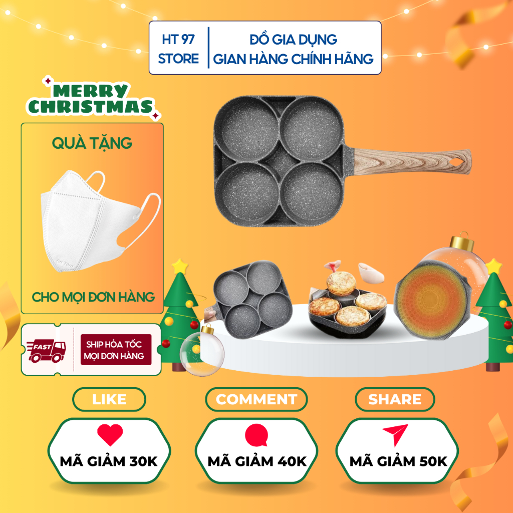Khuôn Chảo Chiên Rán Trứng Làm Bánh 4 Ngăn Chống Dính - Chống Dính Tay Cầm Gỗ 4 ngăn nấu được cả bếp từ và bếp gas