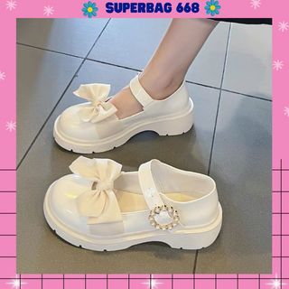 Giày búp bê lolita nữ Buộc Nơ Quai Cài da Bóng Cao cấp 856