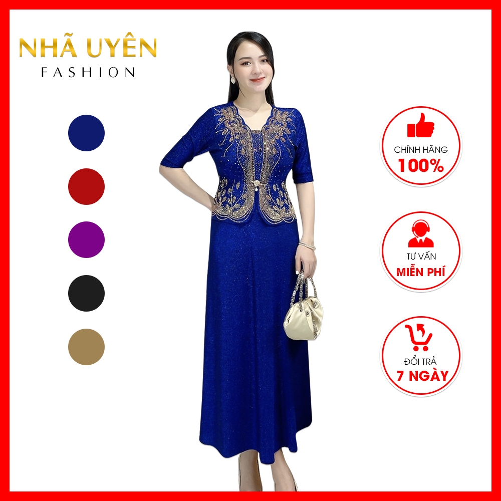 Đầm trung niên kim sa ánh nhũ M686 thu đông mặc dự tiệc, dạo phố