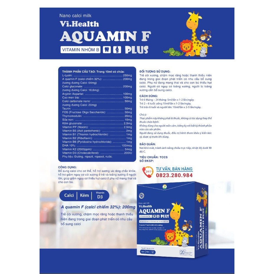 [Mẫu mới] Nano Aquamin-F Plus - Bổ sung CalciNano, Vitamin D3, MK7, acid amin từ Tảo Đỏ - Hộp 20 ống