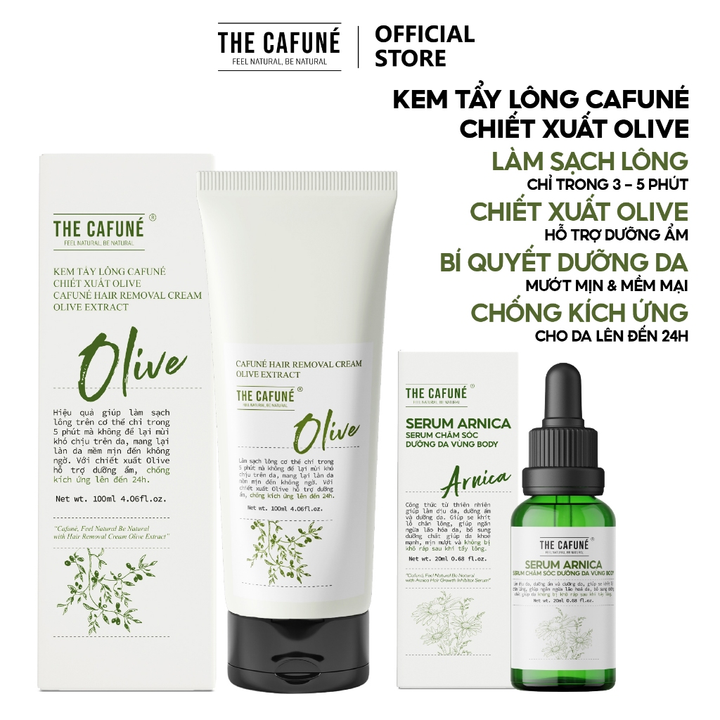 Combo Kem Tẩy Lông Olive và Serum Dưỡng Cafuné triệt lông vùng kín, bikini, chân, tay, nách 100ml