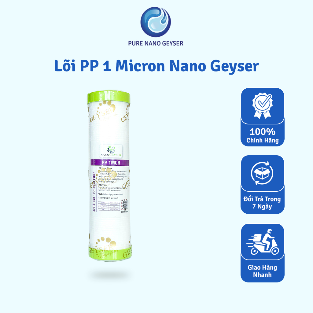 Lõi PP 1 Micron Nano Geyser, Lõi lọc nước số 4 máy RO, Dùng cho các dòng máy lọc nước NANO, RO, Kang