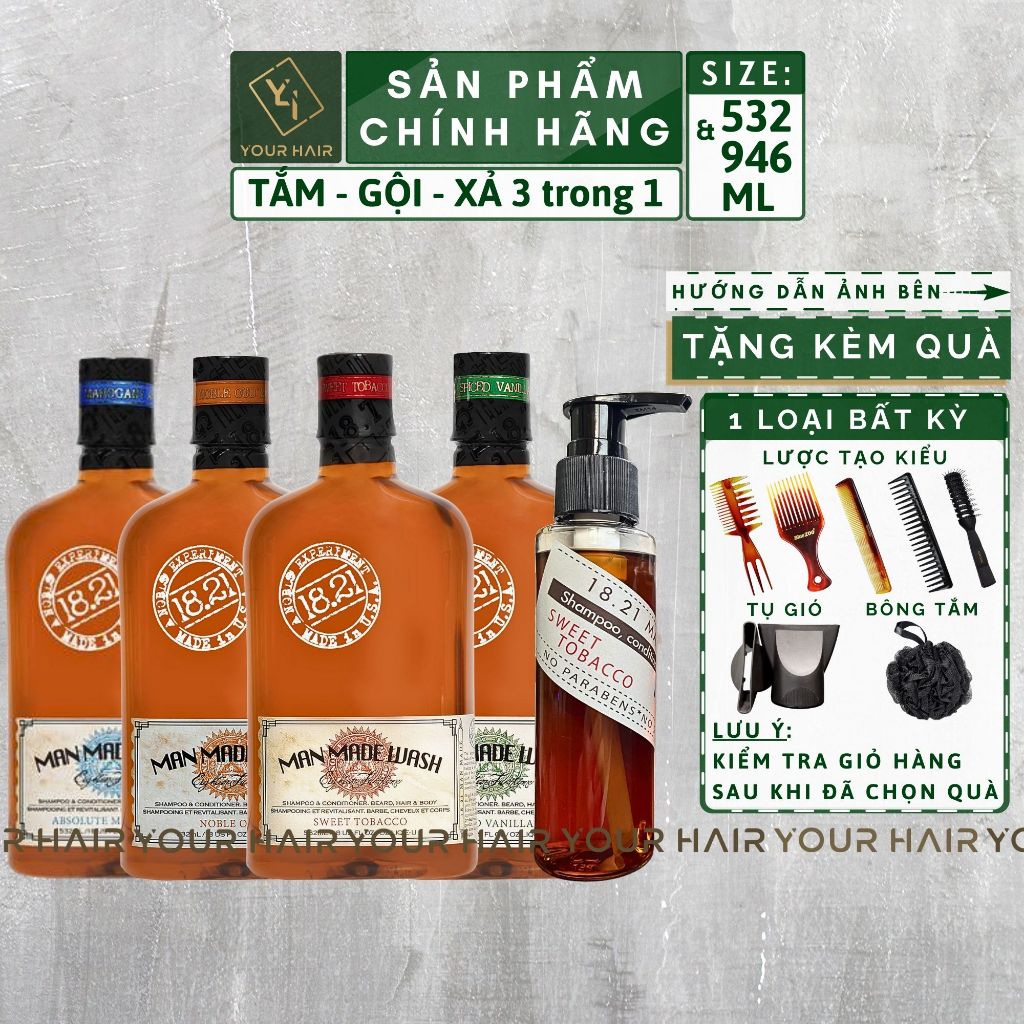 Sữa TẮM GỘI XẢ 3 trong 1 cho nam 18.21 Man Made Wash 3 in 1 | 532ml