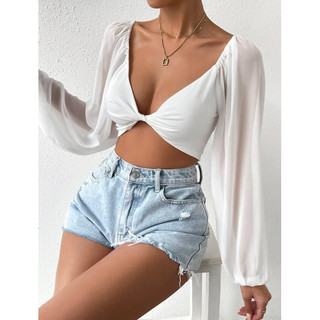 [ORDER WEB]Áo croptop xoắn ngực tay phồng dài màu trơn sexy(đọc kỹ phần mô tả sp trước khi od ạ)