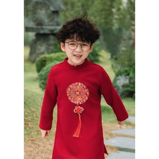 Áo Dài Tết Bé Trai Vải Nhung Tăm Cao Cấp, Áo Dài Cổ Tàu Kèm Liễn Khánh Size 1-10Y