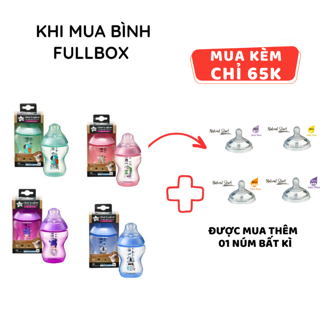 Bình Sữa PP Họa Tiết Ty Siêu Mềm Tự Nhiên Tommee Tippee 260ml, 340ml, Nhiều Size Cho Bé, Được Mua Kèm Thêm 01 Núm