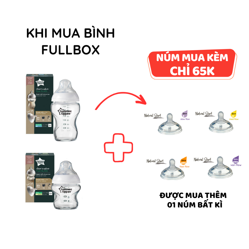 Bình Sữa Thuỷ Tinh Ty Siêu Mềm Tự Nhiên Tommee Tippee 150ml, 250ml, Nhiều Size Cho Bé, Được Mua Kèm Thêm 01 Núm Ty Bất K