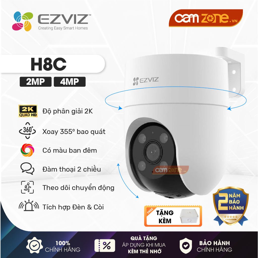 Camera Wifi Ngoài Trời EZVIZ H8c 3MP/5MP/H8c 4G Siêu Nét, Quay 360, Đàm Thoại, Màu Đêm, AI Phát Hiện