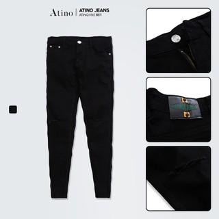 Quần Jean Nam Đen Rách Gối ATINO Chất Liệu Jean Pha Spandex Form Regular-Fit QJ8871