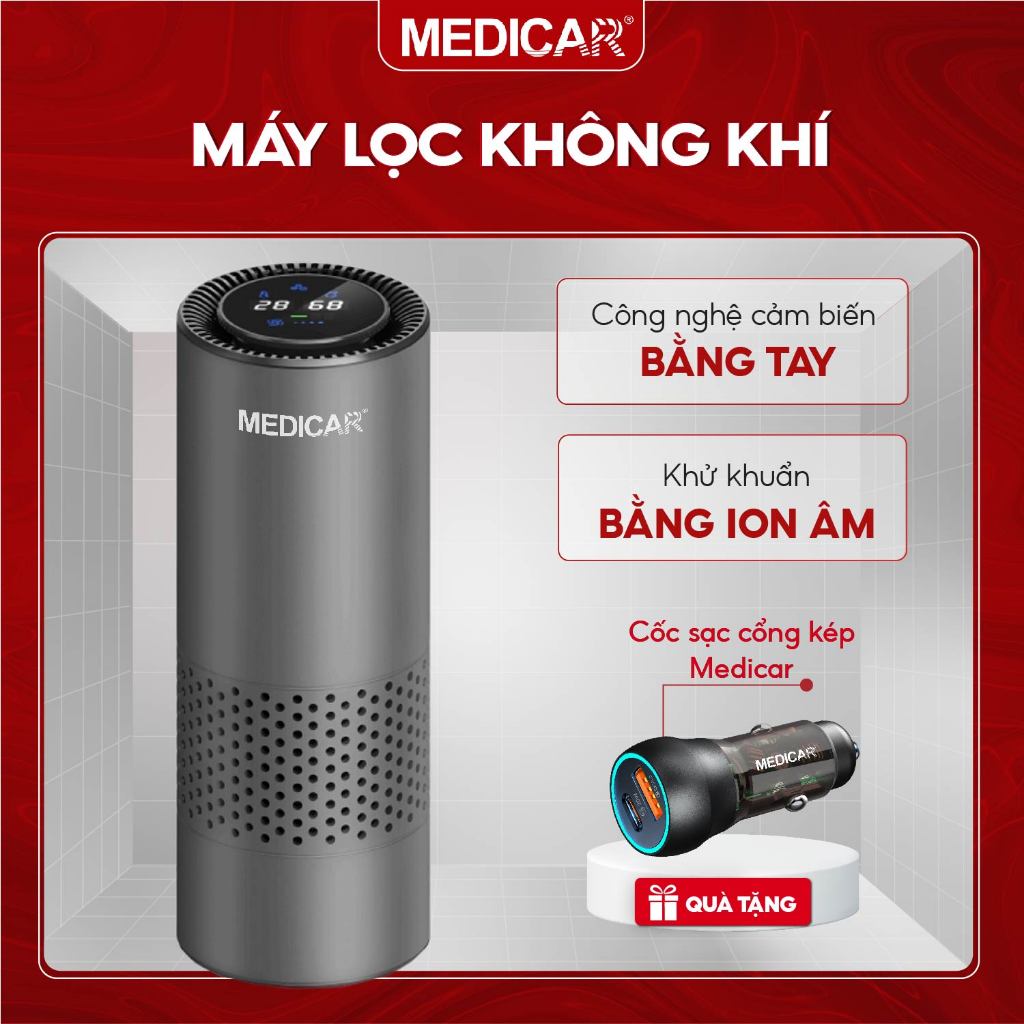 Máy lọc không khí ô tô Medicar lọc bụi mịn 2.5pm, khử mùi hôi ẩm mốc xe hơi, tạo ion âm diệt khuẩn, cảm biến chuyển động