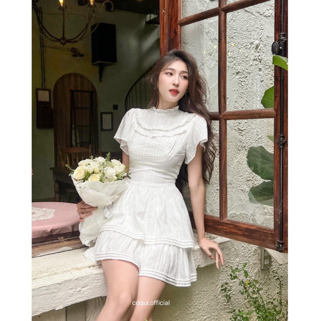 Váy đầm dự tiệc trắng tiểu thư xếp ly COQUI, đầm tay ngắn, dáng xoè 2 tầng vải thô thêu cao cấp MARINA DRESS | BigBuy360 - bigbuy360.vn