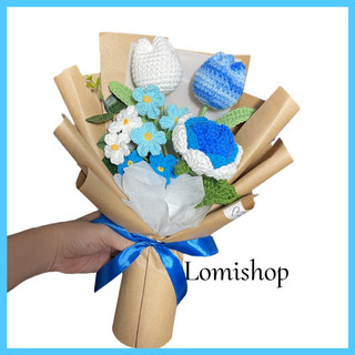 Bó hoa hồng, tulip, lưu ly tone xanh dương - Hoa len móc Lomishop.