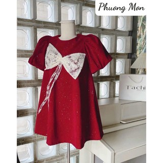 Đầm babydoll nhung đỏ phối nơ ren x Phuong Mon