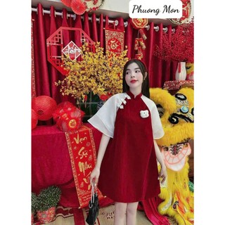 Đầm suông đỏ kèm gấu phối tay voan Phuong Mon
