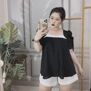 Áo tiểu thư cổ vuông viền trắng tay phồng rút dây Bigsize
