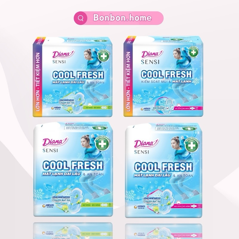 [BVS 20 miếng] Băng vệ sinh Diana Sensi COOL FRESH Siêu mỏng Cánh/ Không Cánh 20 miếng