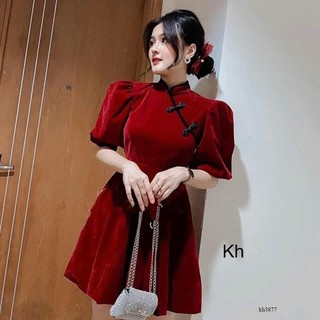 Đầm nhung bí cổ tàu tay phồng phối nút mây xinh xắn dành cho các nàng đi diện tết ( có lót trong )