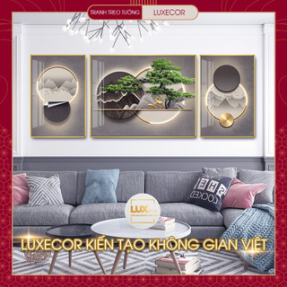 Tranh tráng gương phong thủy treo tường cảnh núi non hươu nai tài lộc dưới cây bonsai trang trí phòng khách LUXECOR
