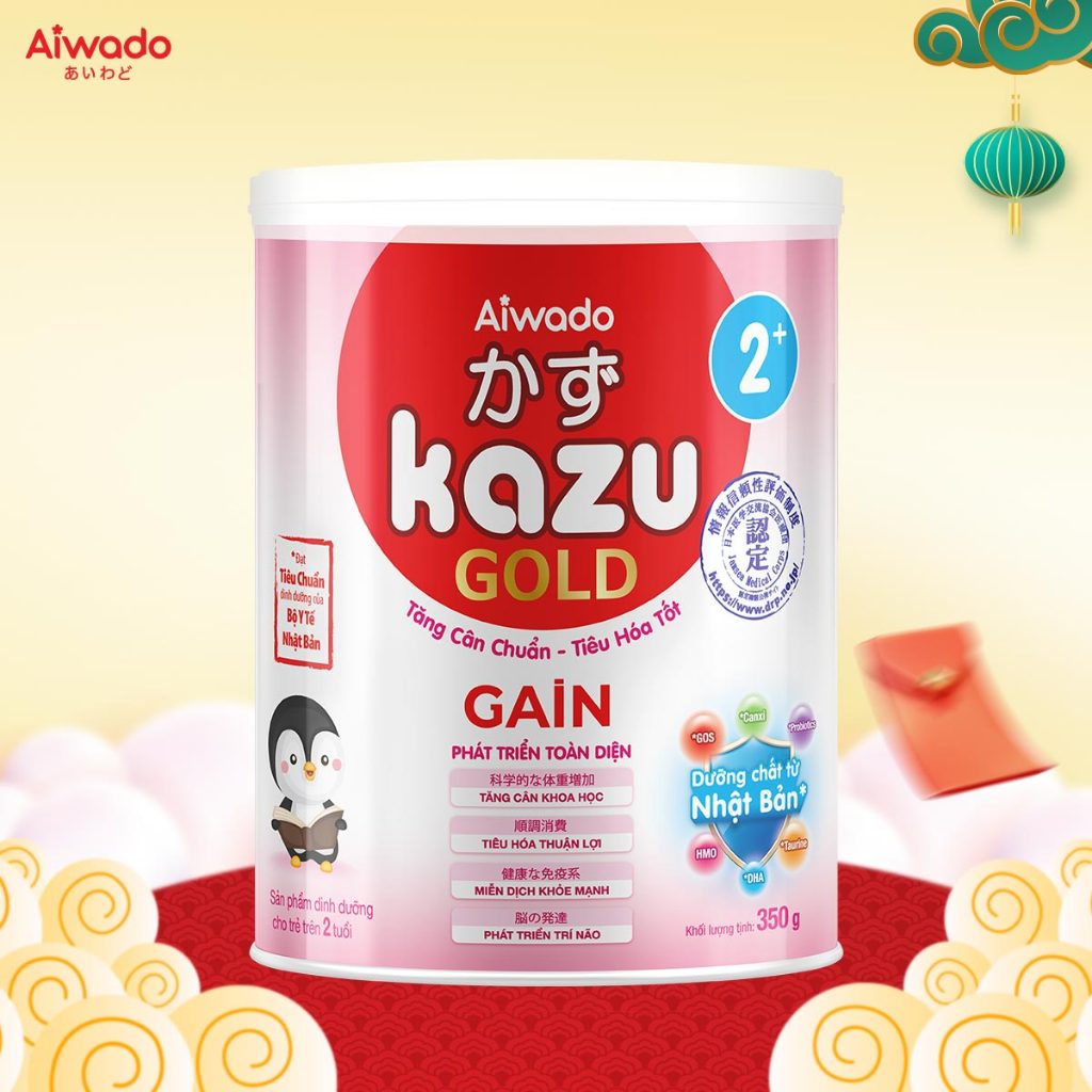 Sữa bột Aiwado Kazu Gain Gold 2+ 350 gram  - Số 1 Sữa Mát Tăng Cân giúp bé Mát Bụng, Tăng Cân Nhanh
