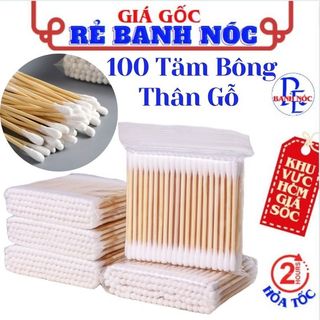 Gói 100 Chiếc Tăm Bông Ngoáy Tai Thân Gỗ Khử Trùng 2 Đầu Thân Thiện Với Môi Trường, Bông Tăm Nặn Mụn Cán Gỗ Vệ Sinh
