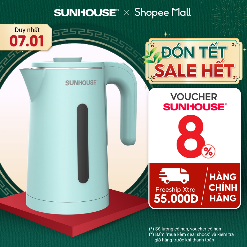 Ấm siêu tốc inox 2 lớp 1.8L SUNHOUSE SHD1351 - Công suất 1500W - Thân chống bỏng  - Bảo hành 12 tháng - Hàng Chính Hãng