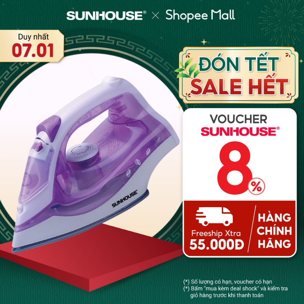 Bàn là hơi SUNHOUSE SHD2063P màu tím -  5 chế độ là - Công suất 1600W - Bảo hành 12 tháng - Hàng chính hãng