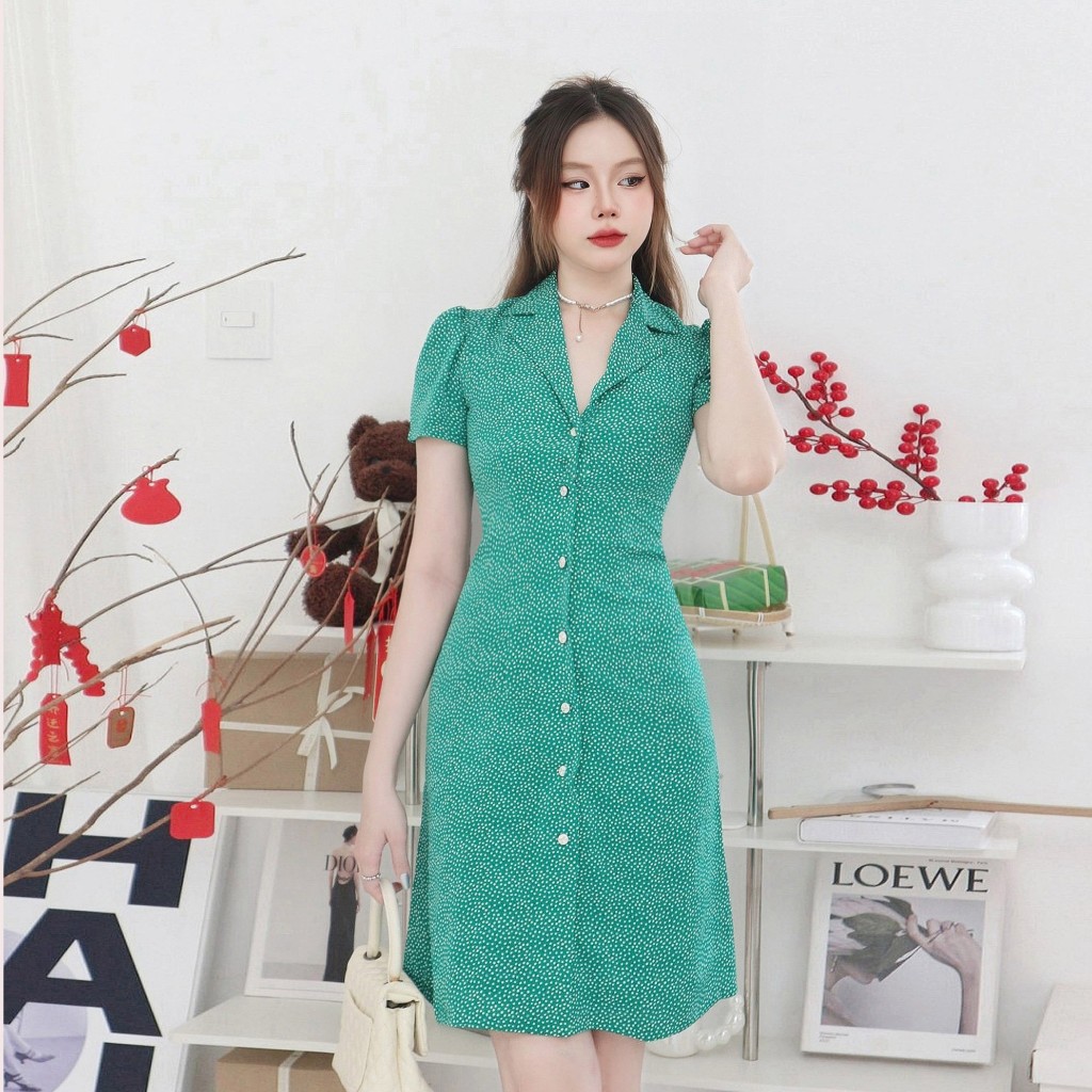 Đầm thiết kế chấm bi dáng A cổ đanton xanh lá xinh xắn Callene (CC347)