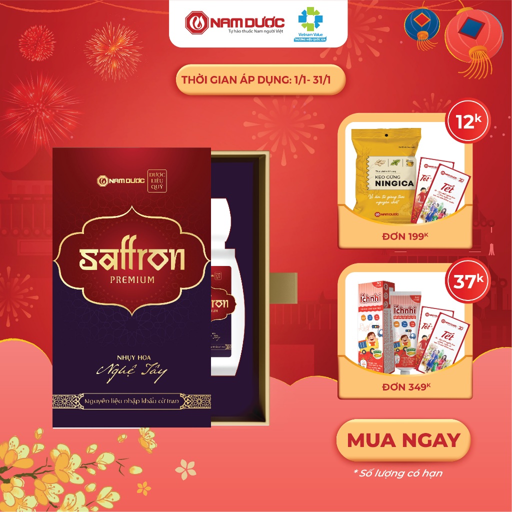 Saffron Premium Nam Dược, hộp 1g, Nhụy hoa nghệ tây nhập khẩu Iran, làm đẹp da, chống lão hóa, ngủ ngon
