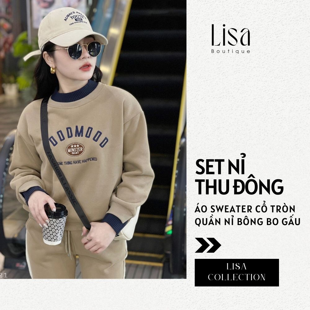 Set nỉ thu đông nữ GOODMOOD LVA12, Set nỉ thể thao nữ chất nỉ dày giữ ấm siêu tốt, bo gấu