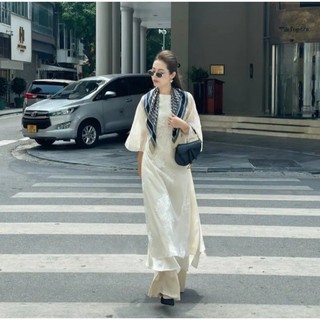 Áo dài thi thư thêu họa tiết hoa quỳnh màu be sáng, tay loe lỡ cổ tròn, 4 tà 2 lớp - áo dài quỳnh aanh
