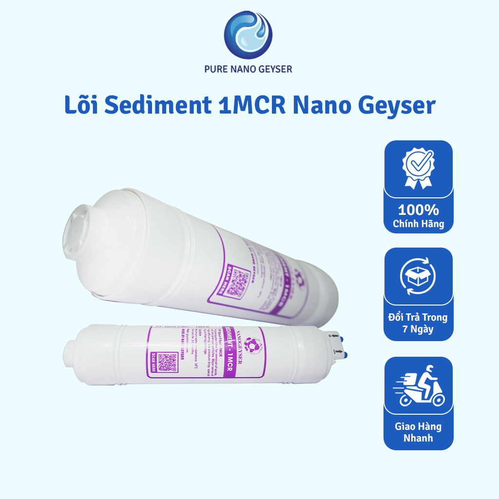 Lõi đúc Sediment 1 Micron Nano Geyser, Lõi lọc số 3, Dùng cho máy lọc nước RO lõi đúc, Geyser Slim, 