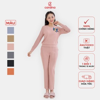 Bộ đồ mặc nhà nữ CARDINA chất liệu tăm nhung cổ tim có bo gấu phom ôm vừa tôn dáng 3BTD12