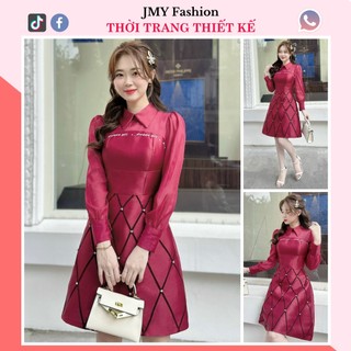 V437 Váy đầm đỏ dáng A sơ mi tiểu thư [TH Hà Thanh] váy tafta đỏ đính đá sang chảnh
