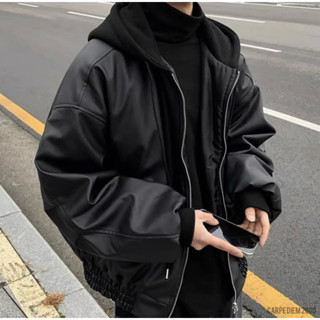 Gin Hooded Leather Bomber Jacket - Áo bomber da khoá kéo có mũ trùm pilot phi công streetwear