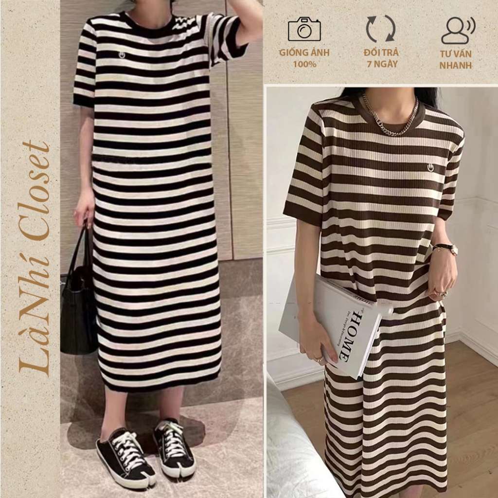 Váy đầm len thun form suông rộng dáng dài kẻ sọc phong cách nhẹ nhàng, basic