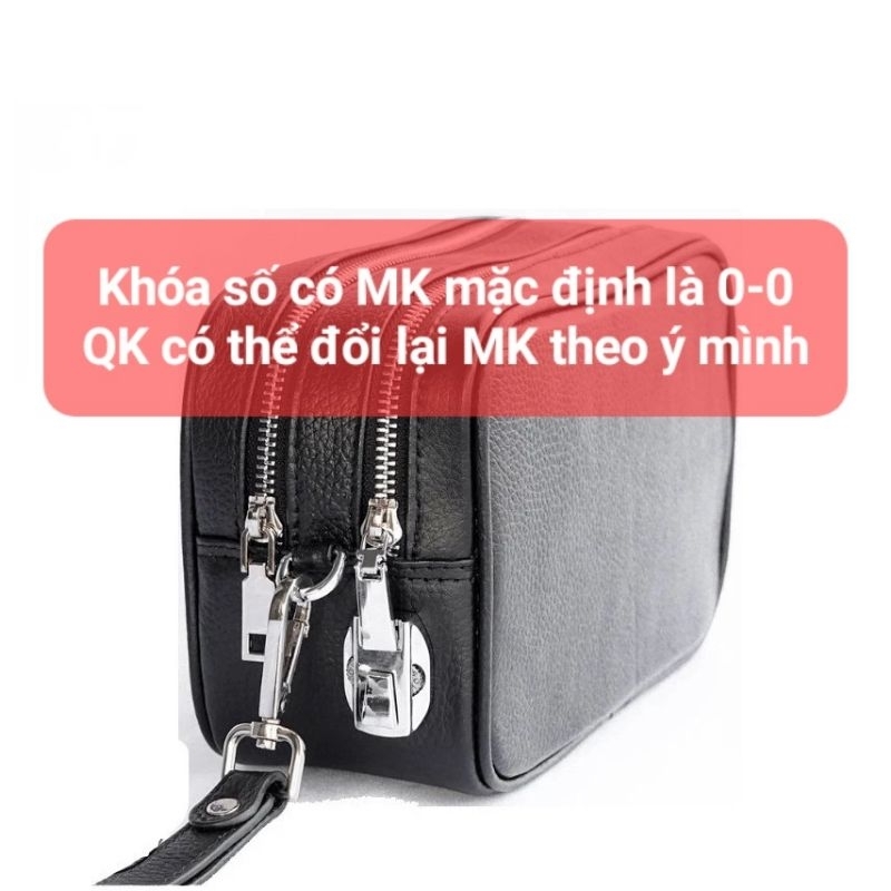 Clutch hộp nam nữ cầm tay 2 ngăn kéo, có khóa số bảo mật da bò thật