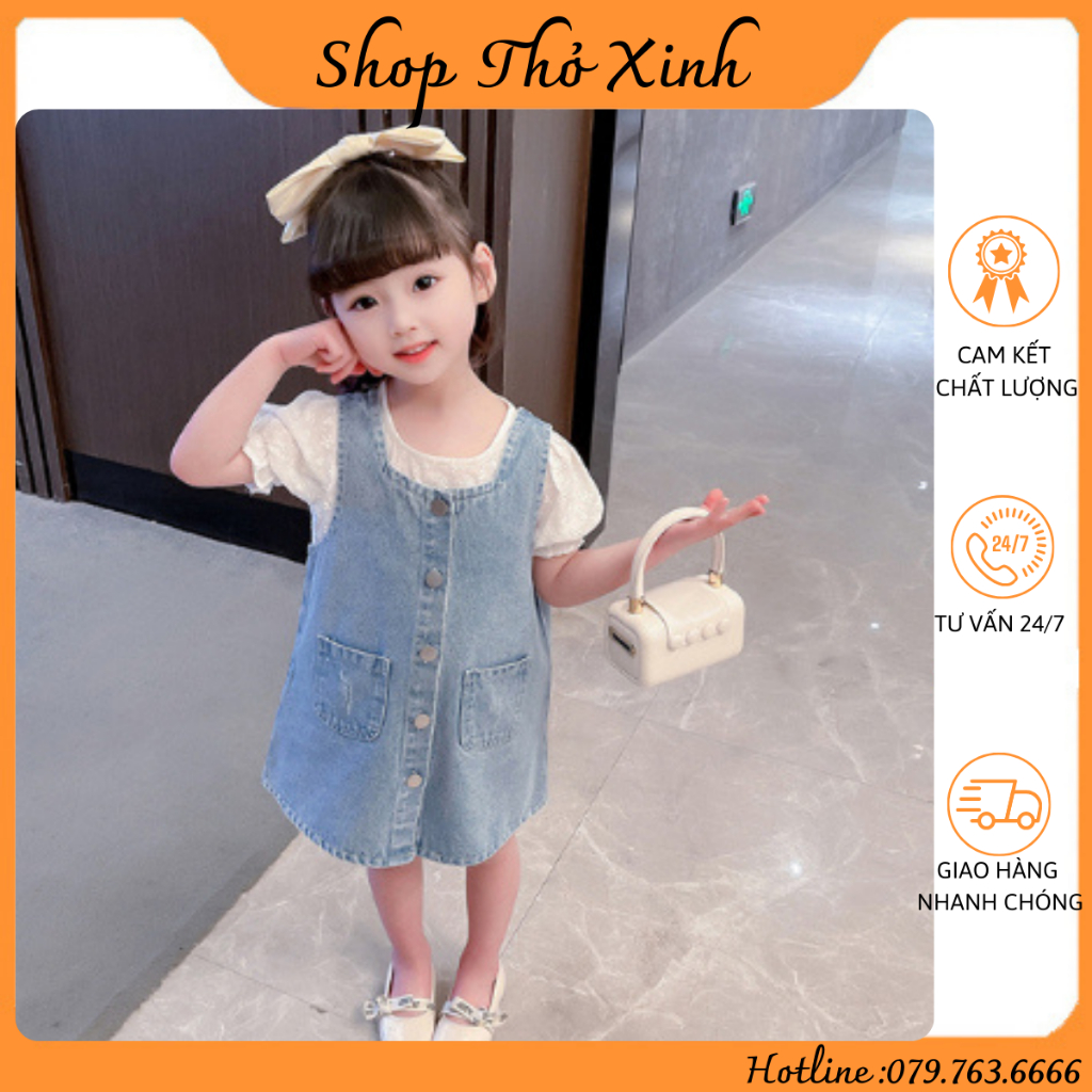 Váy Bò Cho Bé Gái Phối Tay Vải Sơ Mi Phong Cách Hàn Quốc