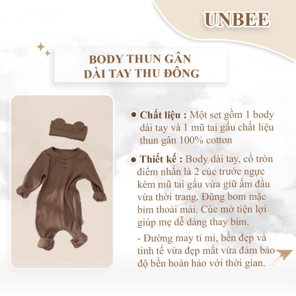 Bộ quần áo liền thân dài tay kèm che thóp cho bé Unbee bodysuit chất liệu thun gân Hàn Quốc dành cho da nhạy cảm