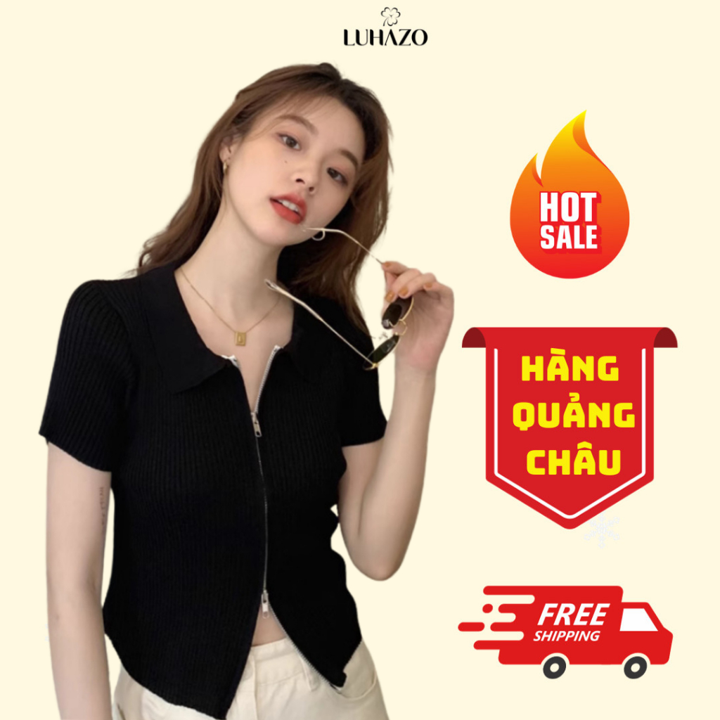 Áo croptop tay ngắn LUHAZO dệp kim cổ bẻ cardigan màu trơn thiết kế dây khóa kéo 2 đầu kiểu phom dáng Hàn Quốc H-22