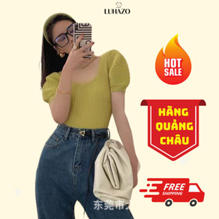 Áo len dệt kim nữ ngắn tay phồng cổ vuông HALUZO che khuyết điểm gân sọc tôn dáng M14 C2-20