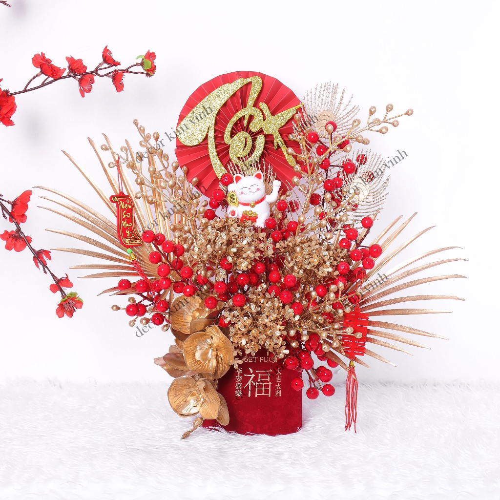 Chậu Đào Đông Trang Trí TẾT A23 May Mắn Tài Lộc – Handmade