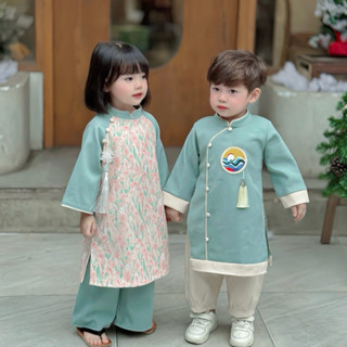 Set Áo Dài Tết Bé Trai, Áo Dài Bé Gái ( 8-26kg) Áo Dài Cách Tân Cho Bé Kèm Quần Chất Liệu Nhung Text Mềm Mịn - CHICKBONG