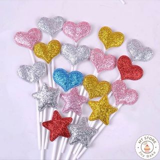 Set 5 que cắm tim nhũ đủ màu trang trí bánh kem