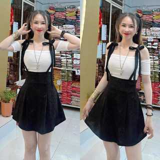 C108 sét 3 món áo thun gân tăm ôm body + chân váy thun xốp dây cột + quần đùi ròi thun xốp